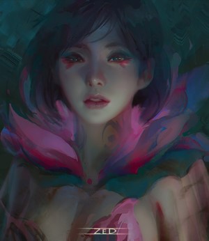 Portrait of a woman with pink floral collar