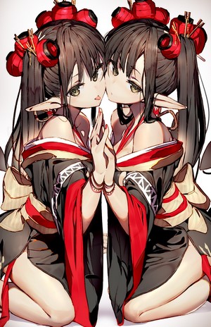 Two anime elf girls in Japanese clothes with red hair ornaments