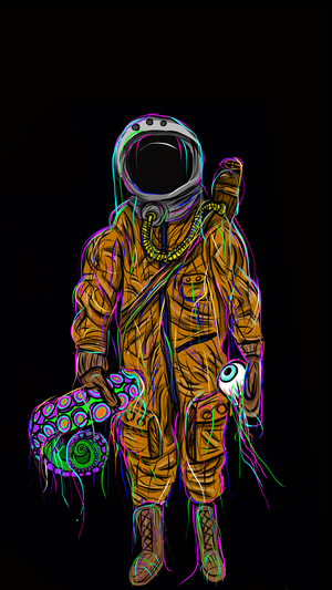 Astronaut holding a skateboard and an eyeball