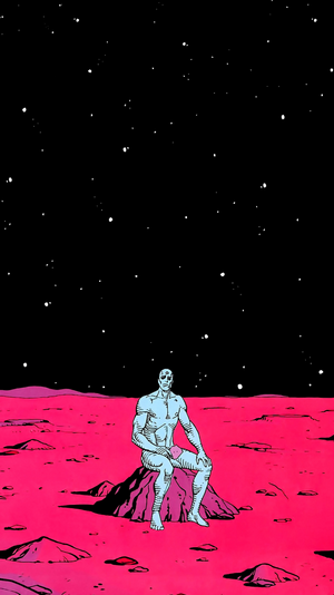 Dr. Manhattan from Watchmen sitting on a planet