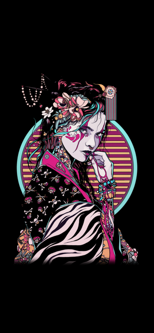 Portrait of a woman with elaborate makeup and tattoos