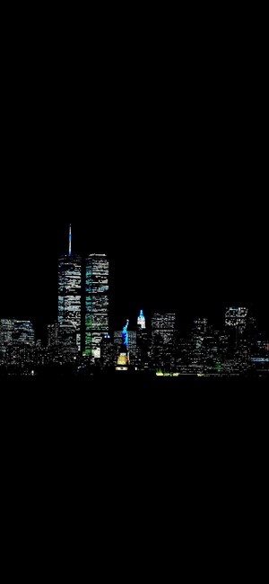 New York City skyline at night with Statue of Liberty and Twin Towers