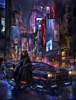 Woman in hood leaning on futuristic car in neon cyberpunk city