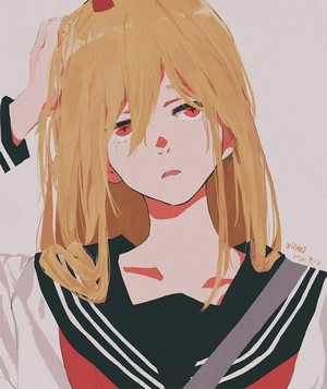 Anime girl with blonde hair and red eyes in school uniform