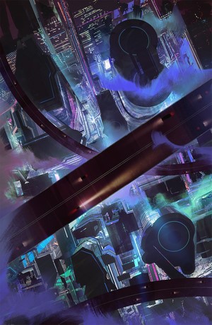 Futuristic cyberpunk city with elevated transport systems