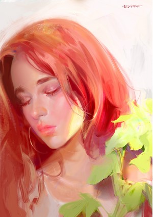 Artwork of a redhead woman with closed eyes