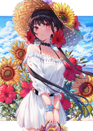 Anime girl with sunflowers and straw hat
