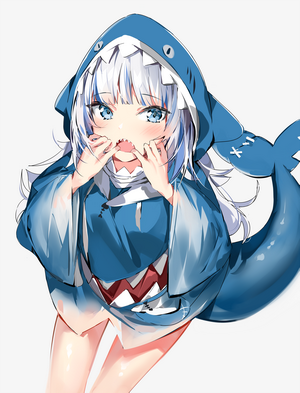 Gawr Gura from Hololive wearing a shark hoodie