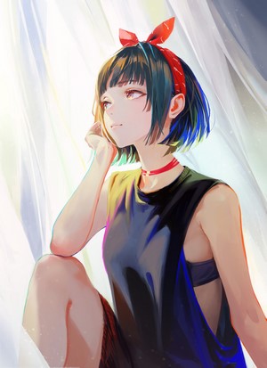Anime girl with short dark hair and red bandana
