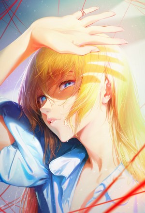 Artwork of a blonde woman with blue eyes crying