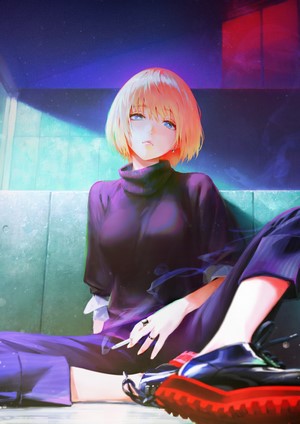 Woman with short blonde hair smoking indoors