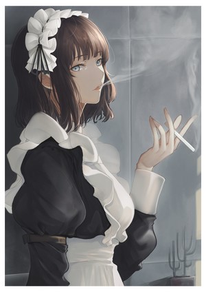 Anime Maid Smoking with Blue Eyes