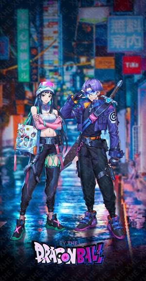 Mai and Trunks from Dragon Ball in a Cyberpunk City