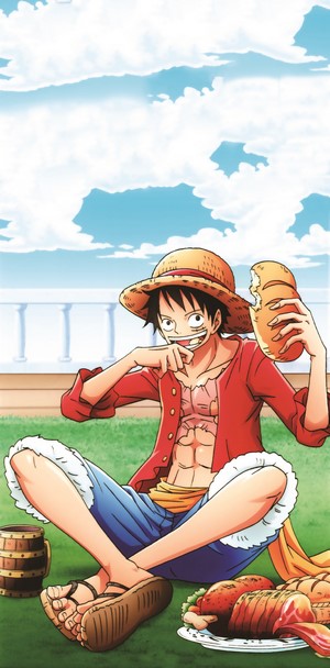 Monkey D. Luffy eating bread and meat