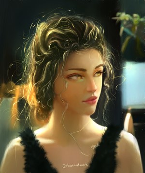 Digital painting of a woman with golden hair and yellow eyes