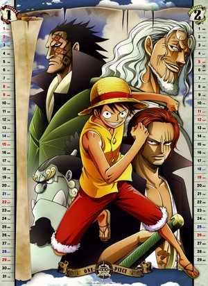 One Piece characters Monkey D. Luffy, Shanks, Silvers Rayleigh, Monkey D. Dragon, and Kureha