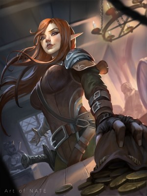 Elf rogue with coins in a tavern