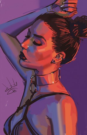 Woman with hairbun and collar