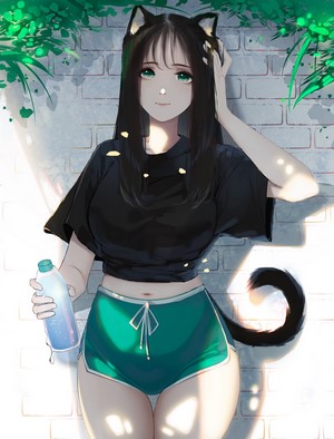 Anime cat girl with black hair and green eyes holding a water bottle
