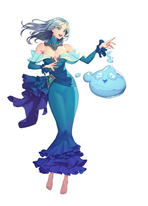 Fantasy girl in blue dress with water slime