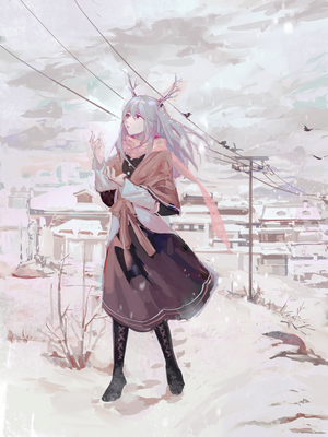 Anime girl with horns in winter snow