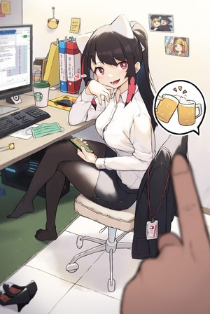 Anime office girl with cat ears holding a phone