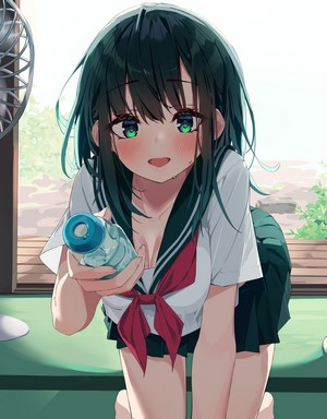 Anime girl in school uniform holding a water bottle