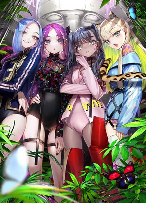 Anime girls in jungle with statue