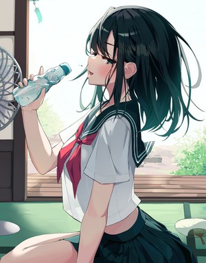 Anime girl in school uniform drinking soda