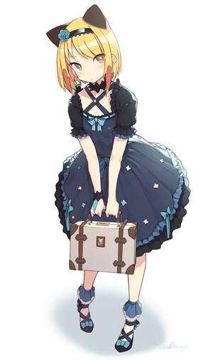 Anime girl with blonde hair and cat ears holding a suitcase