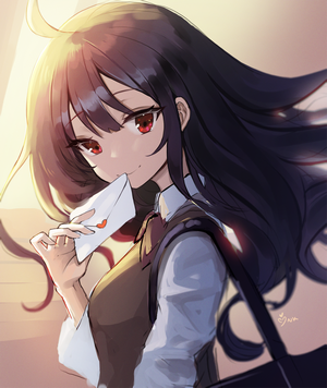 Anime girl with red eyes holding a letter