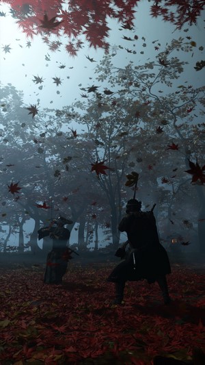 Two samurai fighting in a forest with falling leaves