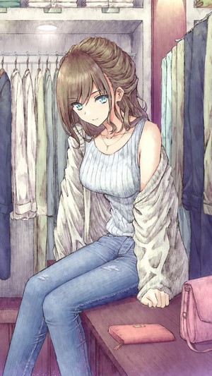 Anime girl with aqua eyes in jeans and open jacket