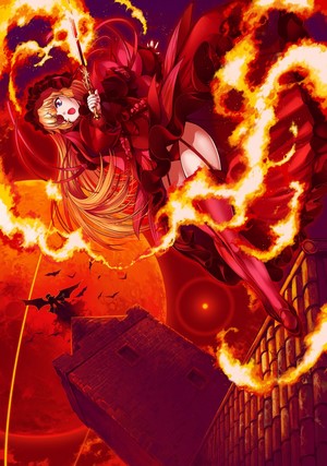 Girl in red dress with blonde hair surrounded by fire