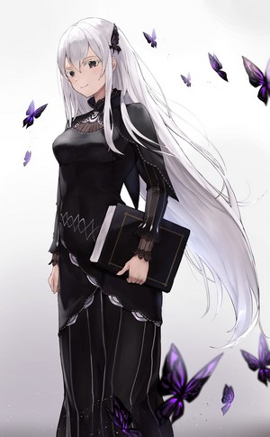 Echidna from Re:Zero holding a book with butterflies