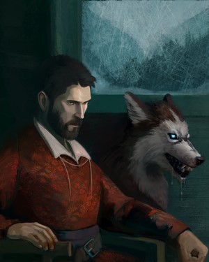 Man and wolf by a window