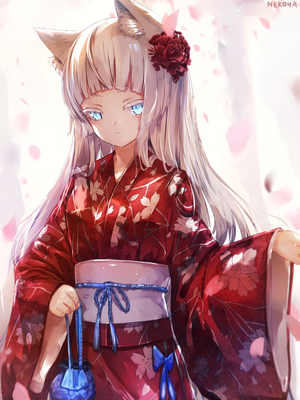 Anime girl with silver hair and cat ears in a kimono