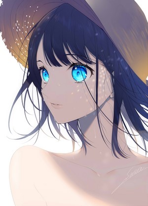 Anime girl with blue eyes and dark hair wearing a hat