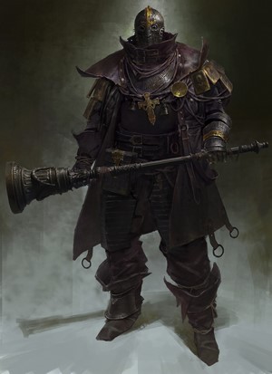 Fantasy art of an armored character holding a mace