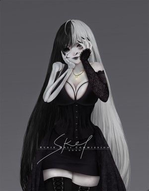 Anime girl with black and white hair and bone-like arms