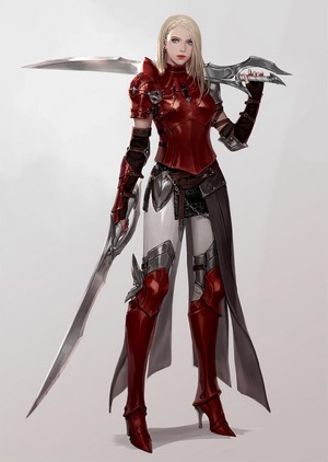 Fantasy warrior woman with blonde hair and swords