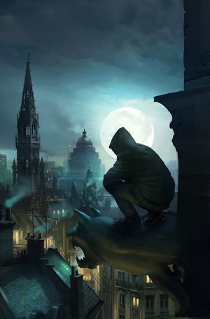 Hooded figure on gargoyle overlooking city at night