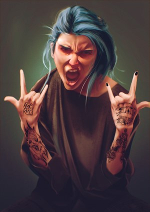 Woman with blue hair and tattoos making rock on gesture