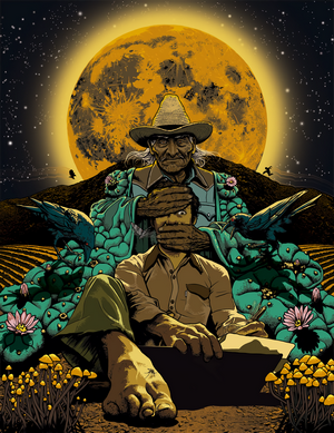 Artwork of an old man covering a younger man's eyes