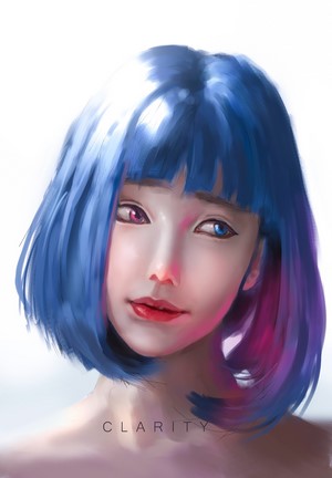 Portrait of a woman with heterochromia and blue hair