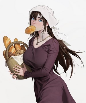Anime girl with bread basket and bread in mouth