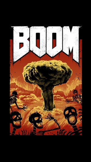 Doom video game artwork with nuclear explosion and skeletons