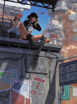 Woman with cybernetic legs eating fast food with cat