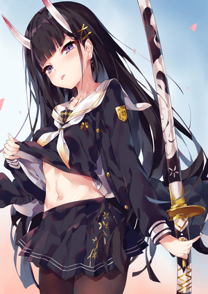Noshiro from Azur Lane lifting her shirt with a katana