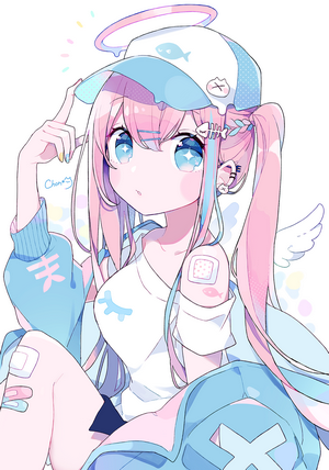 Anime girl with pink hair and blue eyes, angel wings, wearing a cap